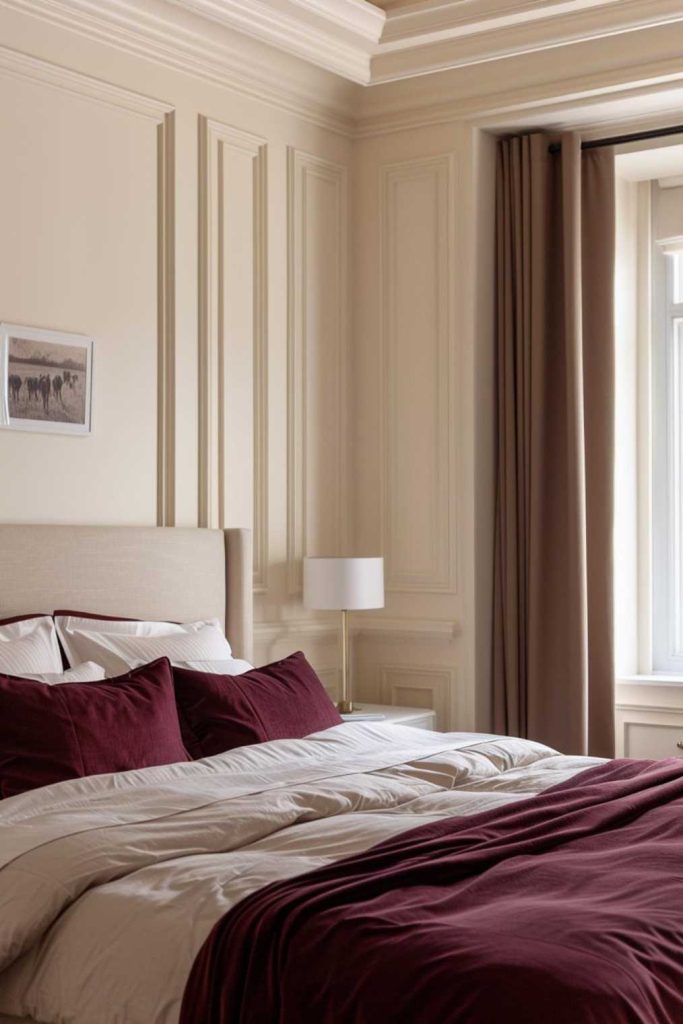 The luxurious appeal of the rich, maroon bed linen creates a striking contrast to the lighter walls and evokes the deep and mysterious essence of autumn nights. The bold and captivating color palette gives the room a feeling of warmth and sophistication.