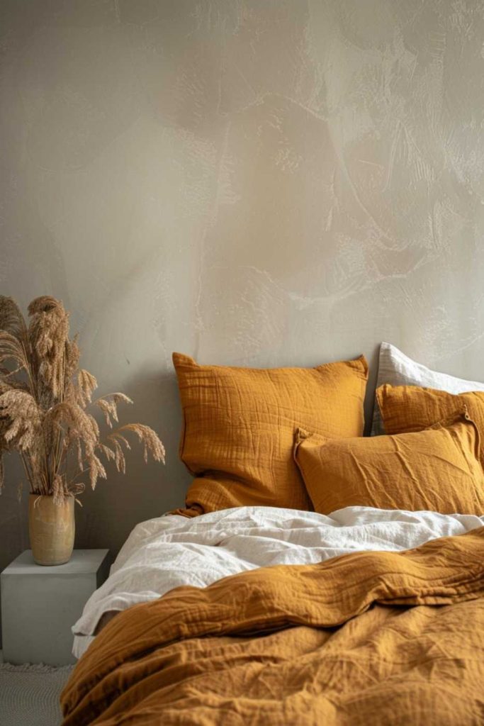 A cashmere throw is casually draped over the foot of the bed and conveys luxurious coziness and warmth. In addition, the texture of the fabric matches the season and gives the room a nice autumnal touch.