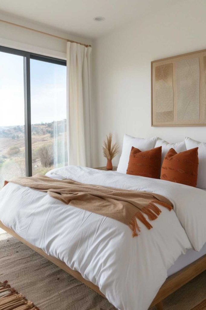 Decorate your space with the crisp purity of white linens and provide a fresh canvas for a set of burnt sienna pillows that playfully evoke the colors of fall.