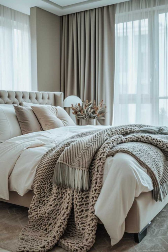 A cashmere throw is casually draped over the foot of the bed and conveys luxurious coziness and warmth. In addition, the texture of the fabric matches the season and gives the room a nice autumnal touch.