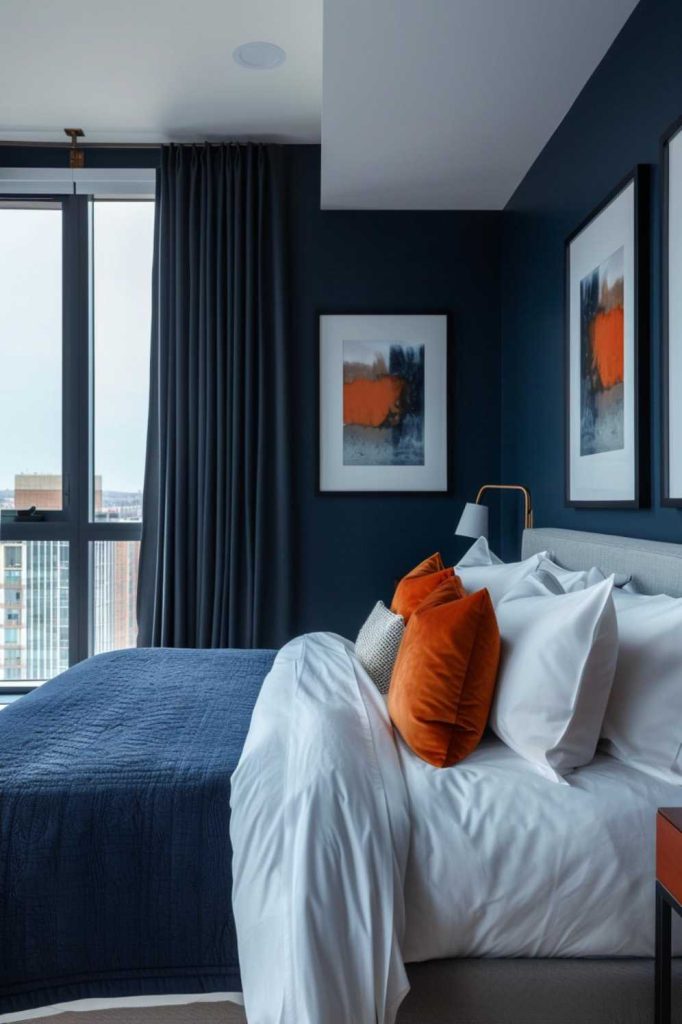 A duvet in deep twilight blue covers the bed covered in <a href=