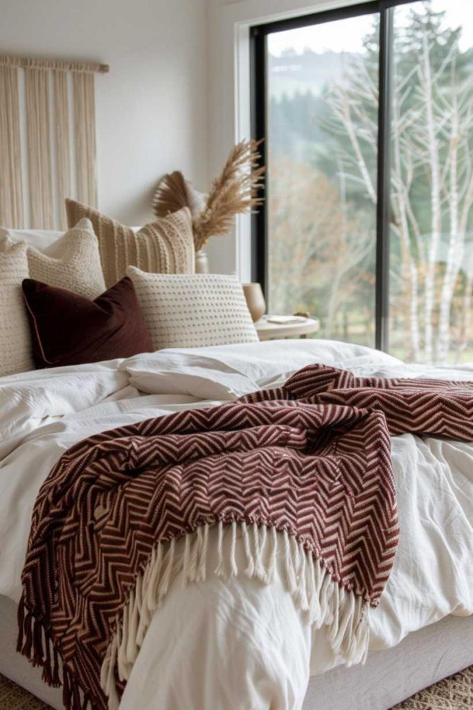 A burgundy and cream herringbone throw neatly draped over the bed adds a classic pattern to a modern fall bedroom. It gives your bed a nice texture.