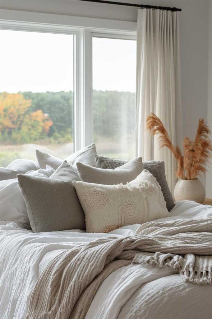 Enjoy a sense of muted yet stylish harmony in this fall-inspired bedroom ensemble with heather gray accessories. These carefully chosen accents give the room a sophisticated and understated charm.