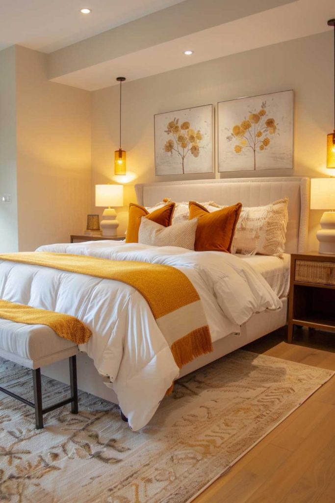 Golden, amber-colored bedside lampshades provide a warm, atmospheric light for long autumn evenings. The glow makes the white bed linen shine beautifully along with the autumn-inspired bed runner and decorative throws.