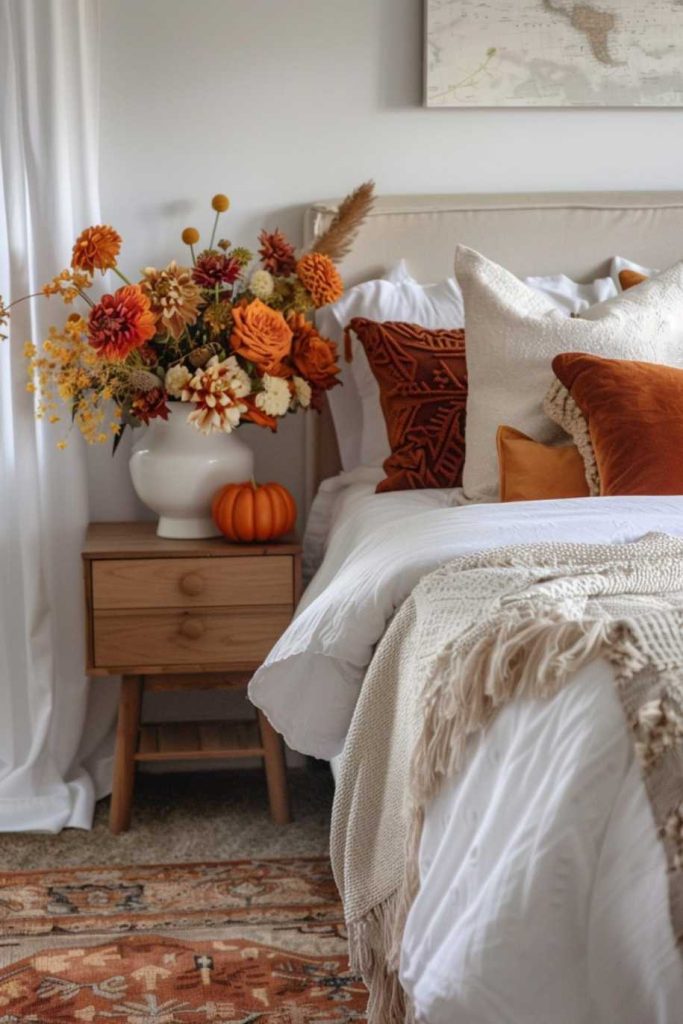 Vibrant fall floral bouquets add a touch of color and life to bedroom corners. Add a burnished bowl of pinecones and fall potpourri to add more character while giving the room a fall scent.