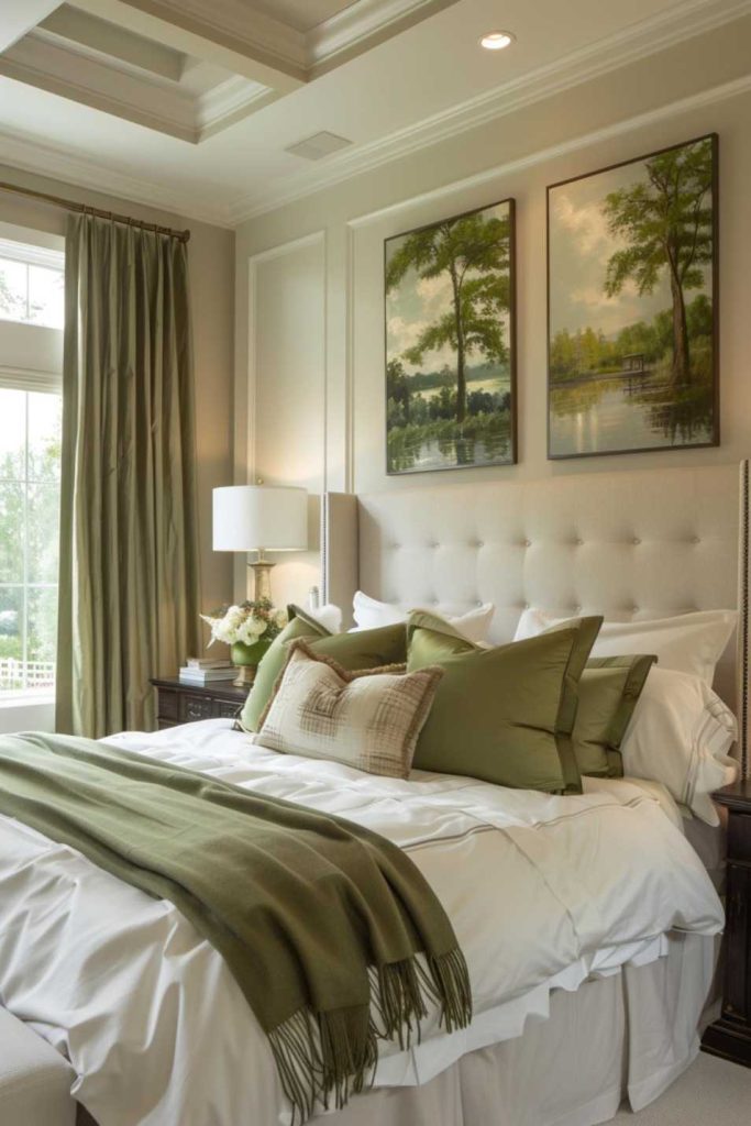 Emphasize the lushness of fall with the sophisticated overture created by olive green accents throughout the bedroom. 