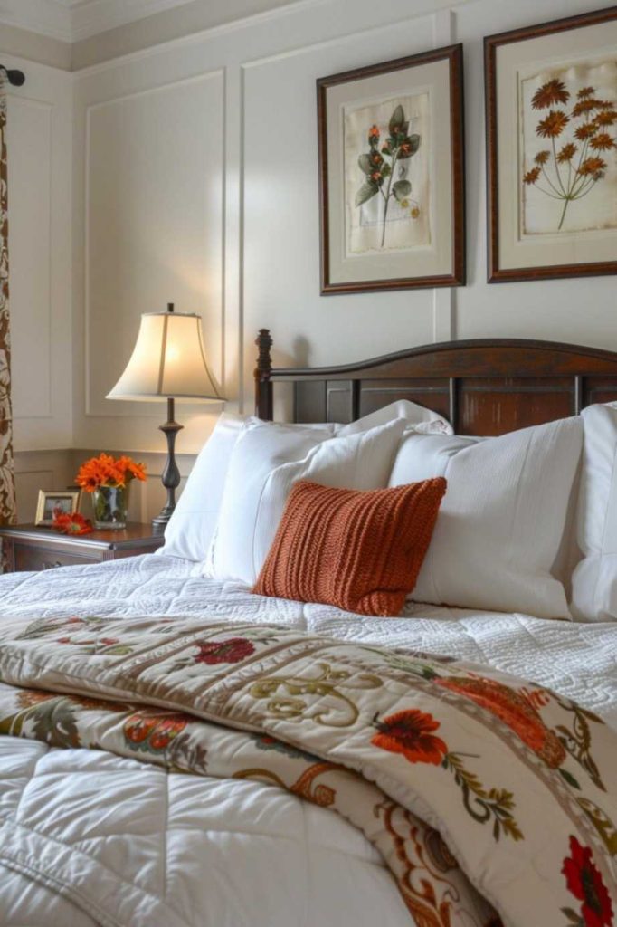 Showcasing exquisite craftsmanship, the beauty and warmth of a quilted autumn colored bedspread wraps the bedroom in a layer of comfort and artistry. 