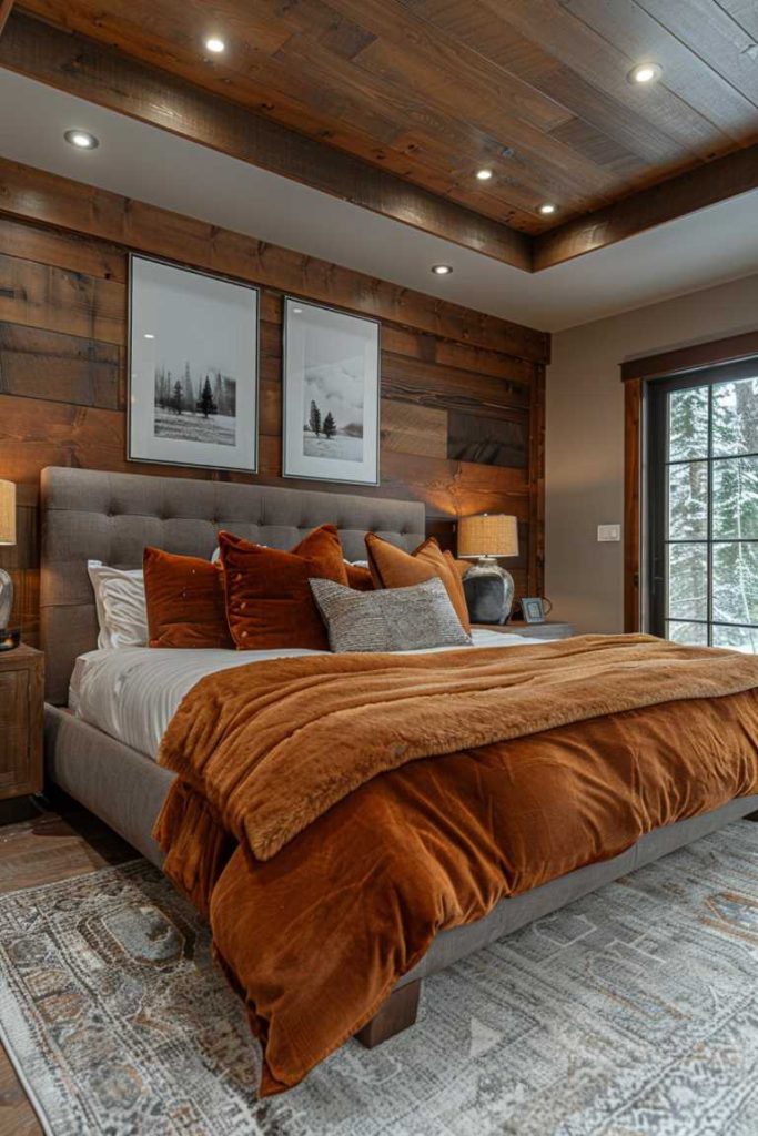 A lush, rustic wood-paneled room with a tufted gray headboard gets a fall makeover with luxe bedding in the season's colors. A striking orange suede throw sits on the bed, matching the soft orange throw pillows perfectly to create a gentle fall retreat.