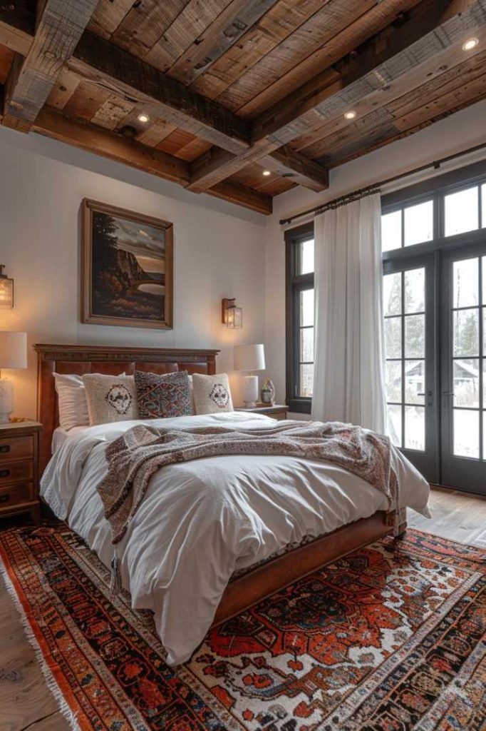 Opt for traditional bedroom decor to celebrate fall. A classic rug with intricate patterns in this room offers a beautiful palette of autumnal colors and is a focal point for a timeless bedroom with a dark wood ceiling.