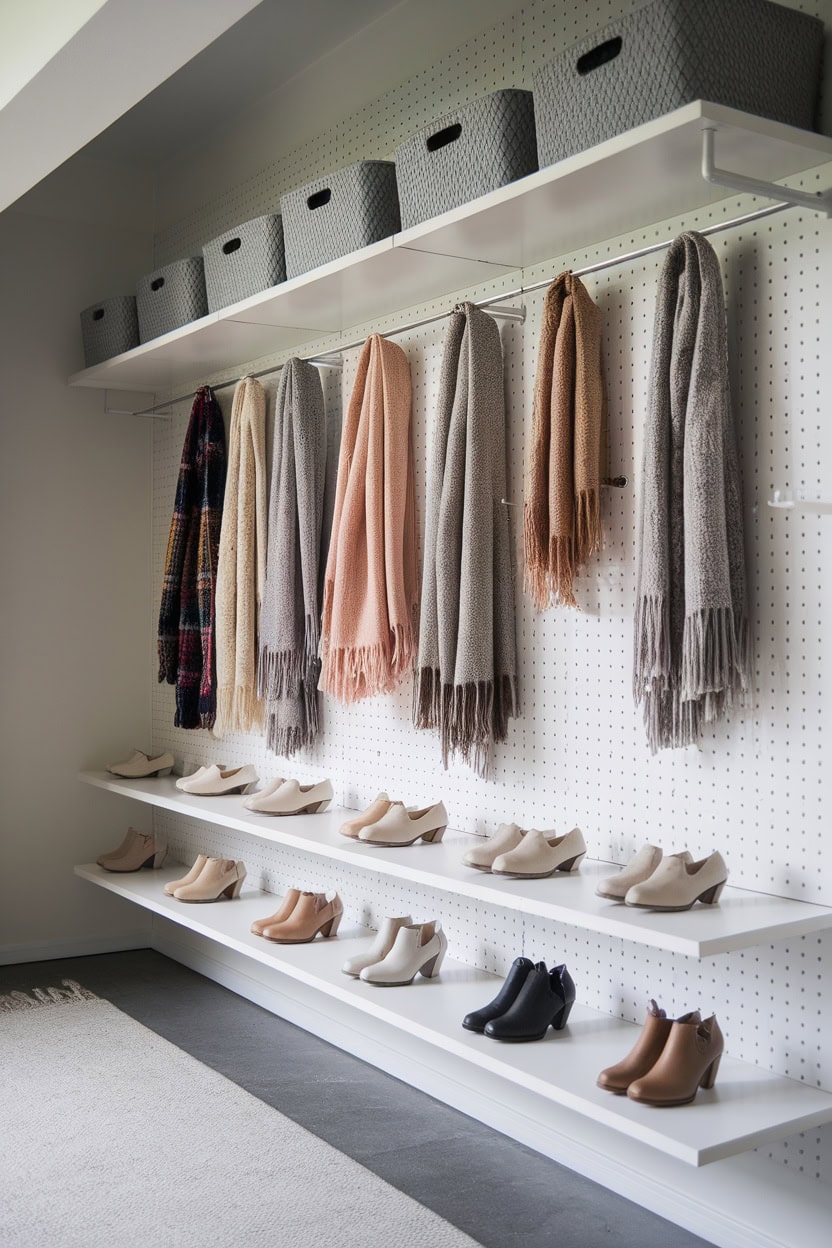 Scandinavian mudroom with pegboard organization, hanging scarves and shoes on display