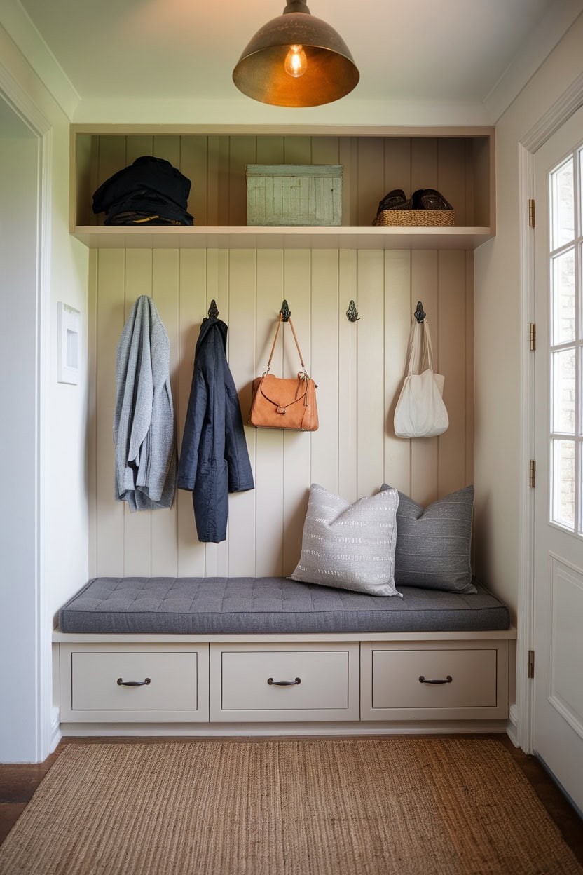 Scandinavian bathroom with cozy bench corner with hooks for coats and decorative pillows.