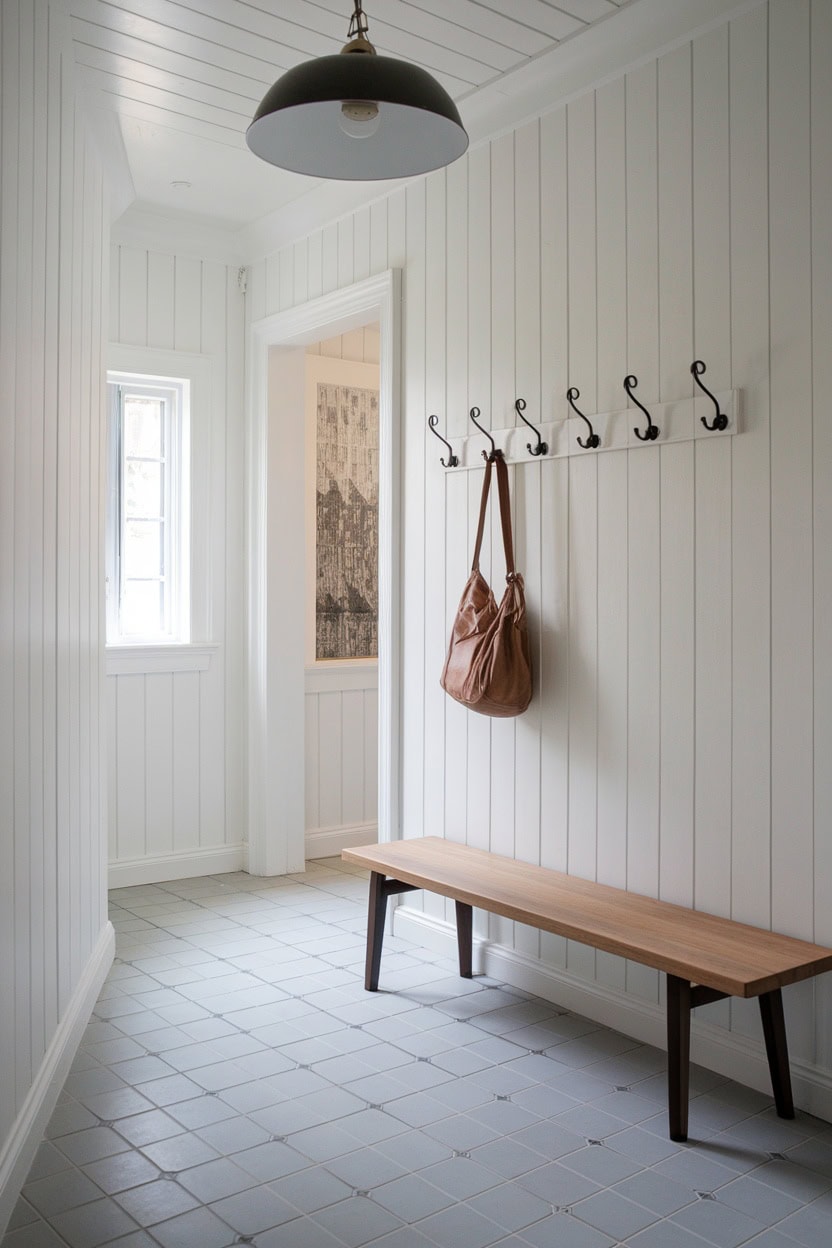 Scandinavian bathroom with floor-to-ceiling walls, wooden bench and coat hooks.