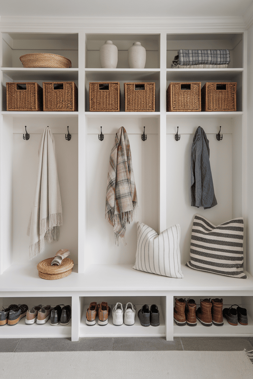 Scandinavian mud room with open shelves with baskets and shoes.