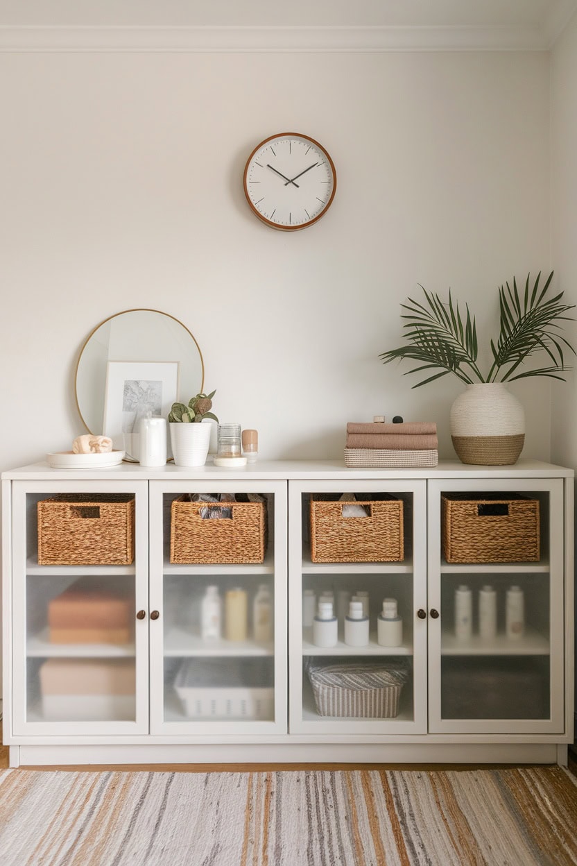 Scandinavian bathroom with glass-fronted storage, woven baskets and a plant.