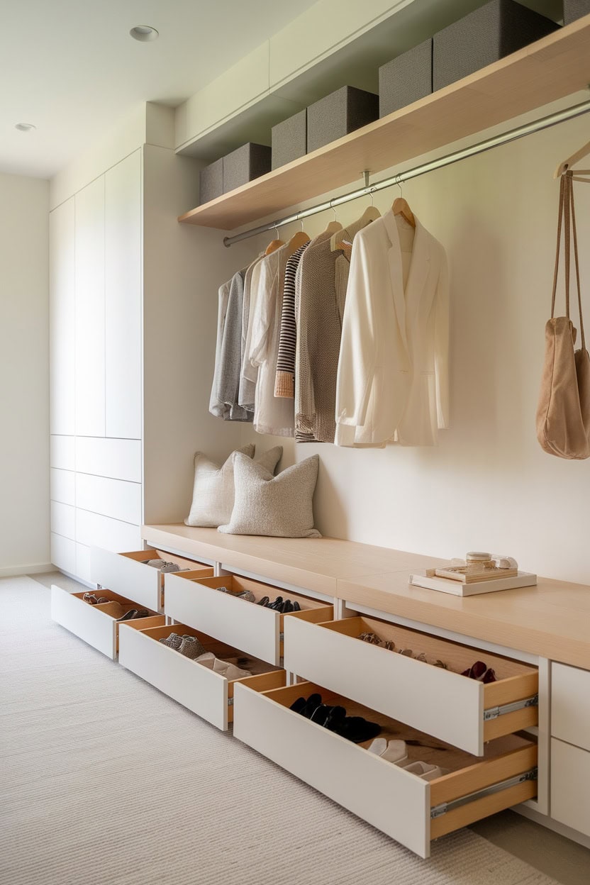 Scandinavian bathroom with integrated shoe drawers and minimalist design.