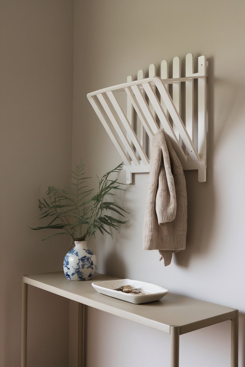 Scandinavian bathroom with a wall-mounted sweater drying rack, a decorative vase and a simple shelf.