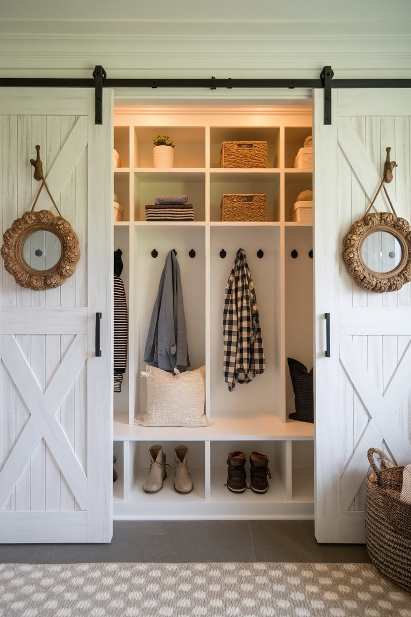 Scandinavian mudroom with sliding doors, organized shelves and decorative elements.