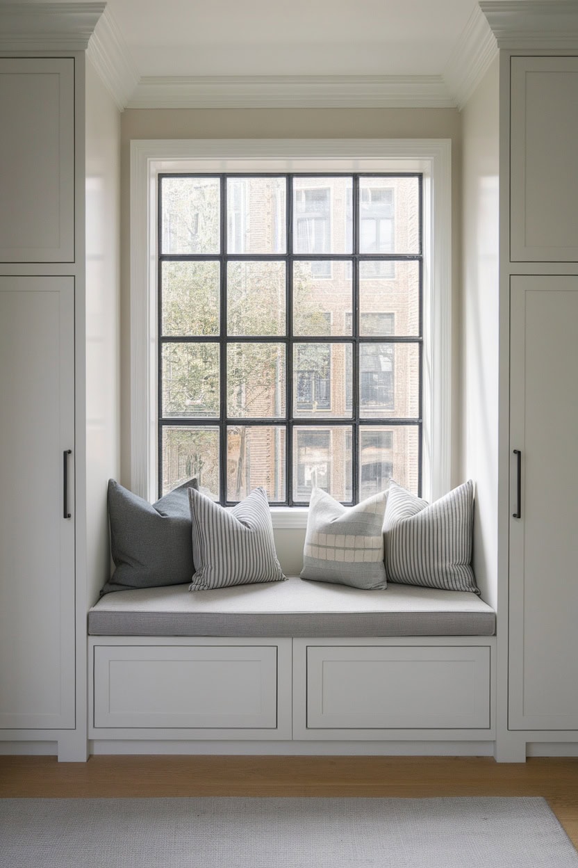 A Scandinavian mud room with a windowsill and decorative pillows.