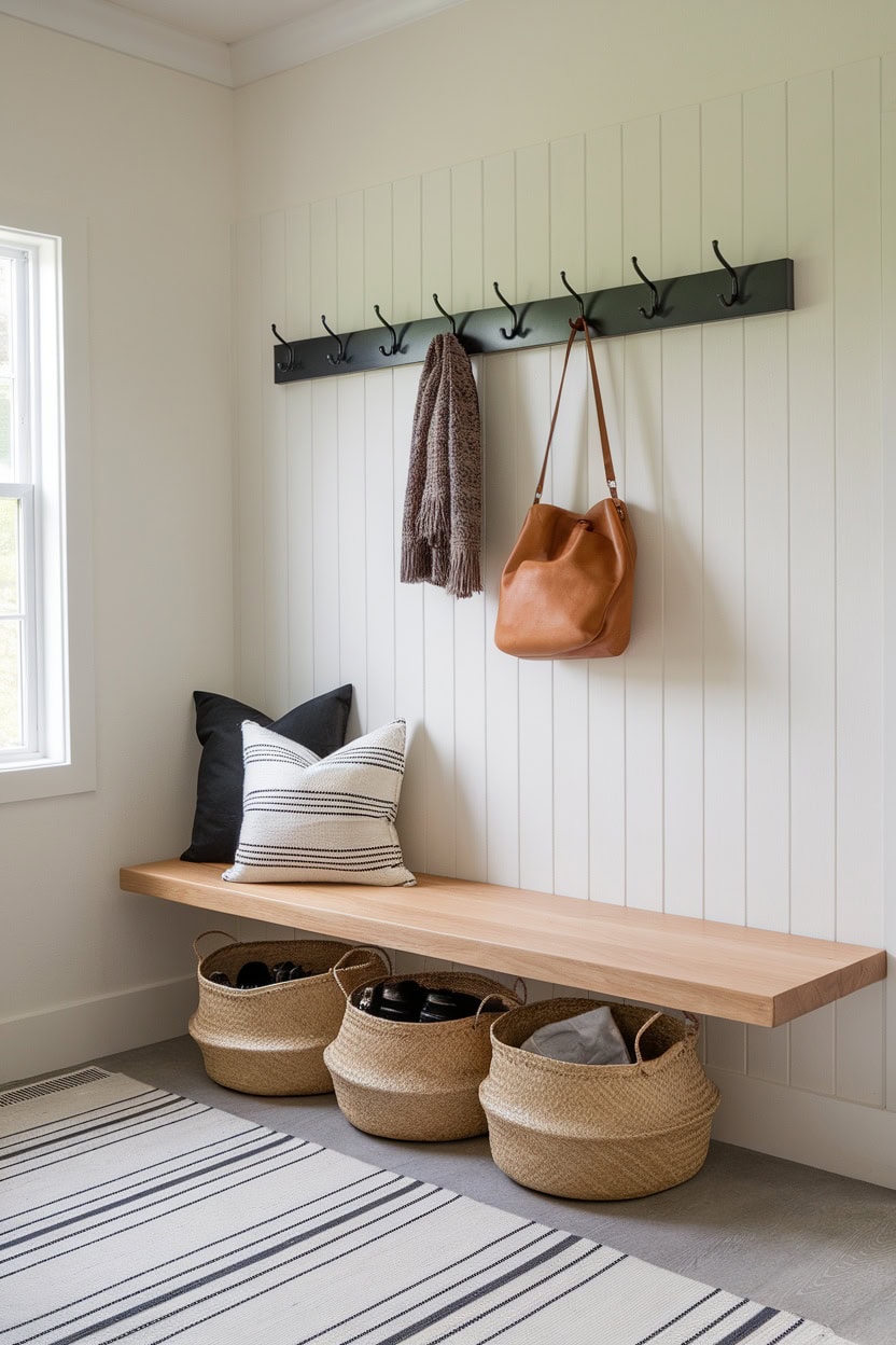 Scandinavian bathroom with floating bench with cushions and storage baskets.