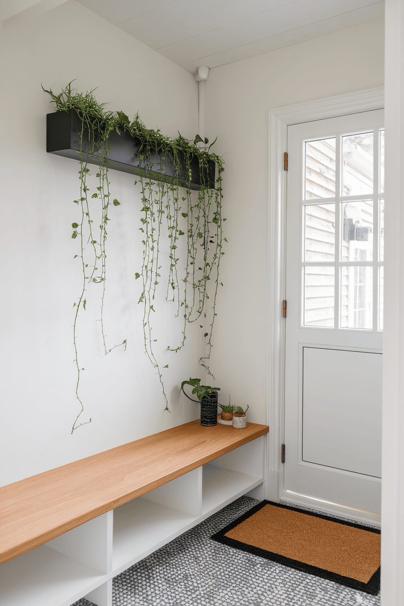 Scandinavian mud room with a vertical garden on the wall, lush greenery and a cozy entryway.