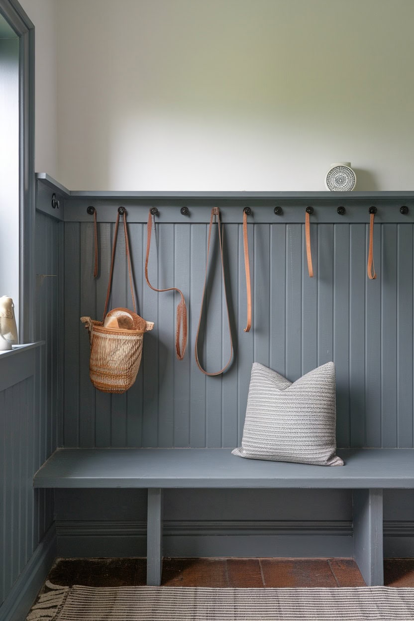 Scandinavian mud room with a two-tone color palette, gray walls and a bench.