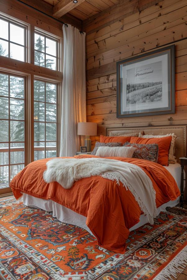 Cozy bedroom with rustic wooden walls, orange bedspread, decorative pillows and patterned carpet. Large windows provide a view of the trees outside. A framed piece of art hangs above the bed.