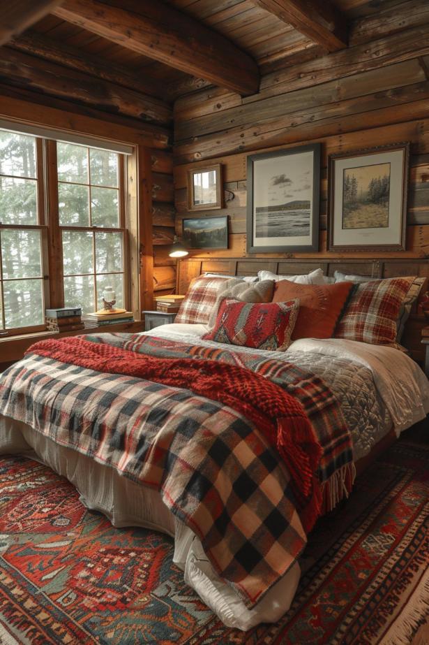 Cozy, rustic bedroom with log walls, large window, checked bedding, red and gray accents, and nature-themed artwork. Natural light enhances the warm and inviting atmosphere.