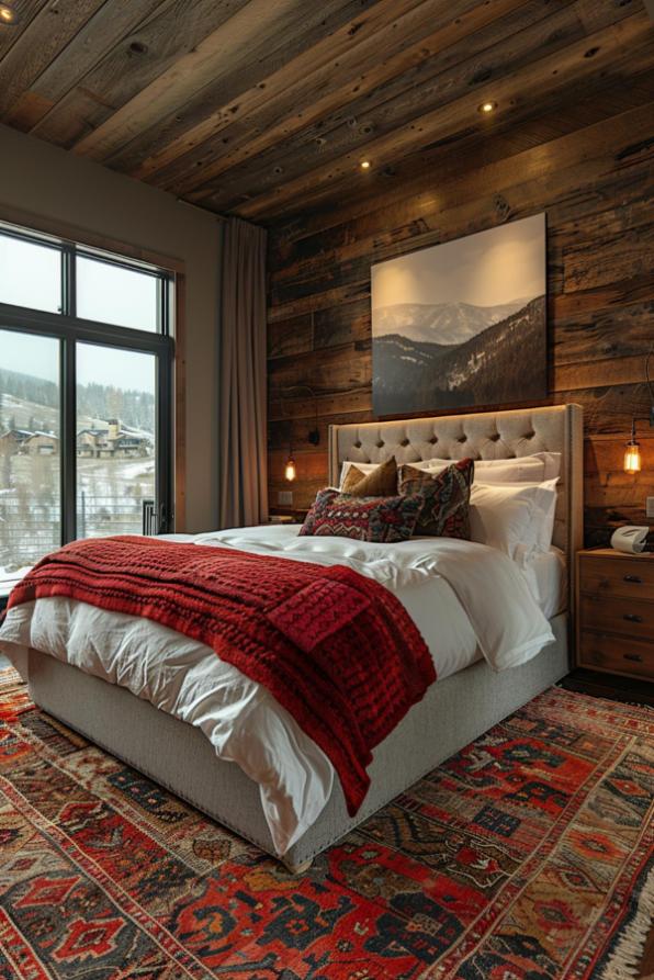 Cozy bedroom with soft bed, red blanket, wooden walls and large window with snow view. Carpet with elaborate patterns decorates the floor. Warm lights create a welcoming atmosphere.