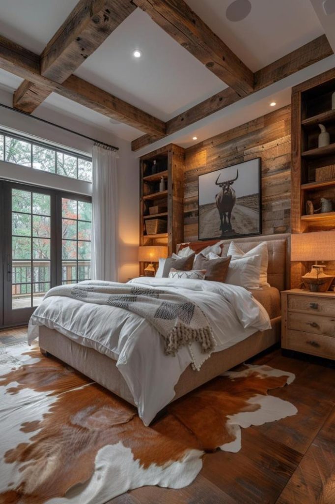 Cozy bedroom with rustic wooden beams and walls, large bed with white linens, cowhide rug and a bull artwork. Shelves with decor flank the bed. Large windows provide natural light.