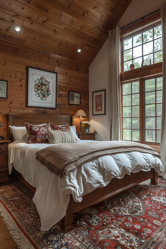 Cozy bedroom with a wooden ceiling, a large window and a bed with white bed linen and a beige throw. Framed artwork adorns the walls and a patterned rug covers the floor.