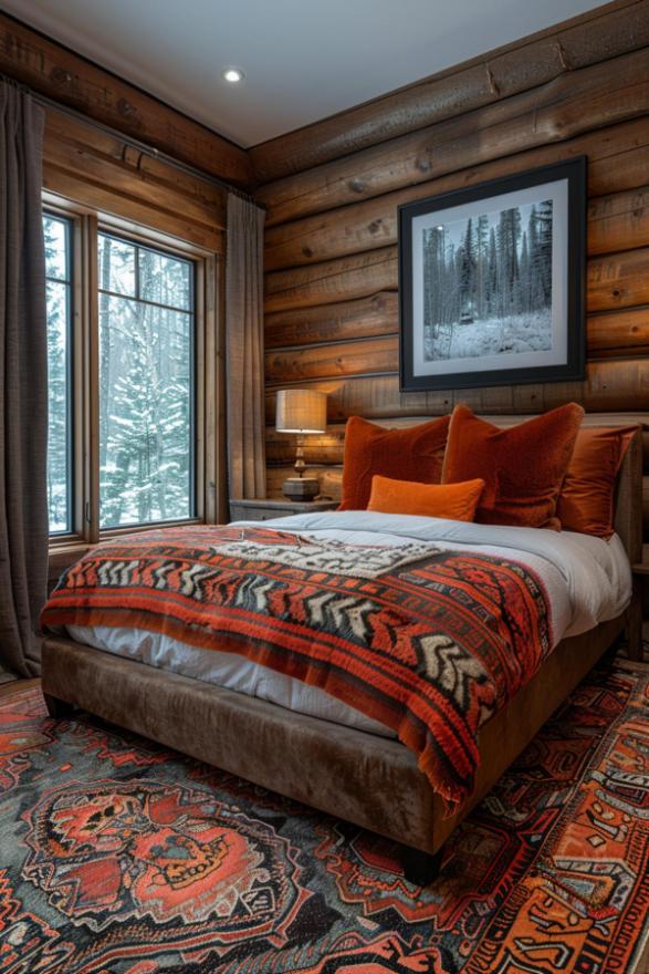 Log cabin bedroom with large bed, orange and patterned linens and a nature photo above the bed. A window shows a snowy outdoor scene. An ornate carpet covers the floor.