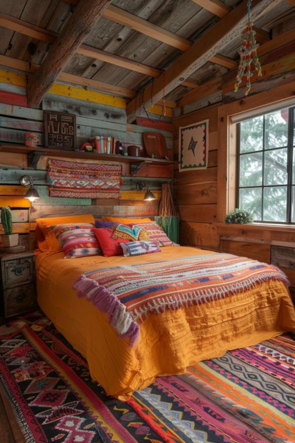 A cozy bedroom with wooden furnishings features a bed with an orange blanket, colorful pillows and a patterned carpet. The walls are decorated with woven textiles and shelves with various objects.