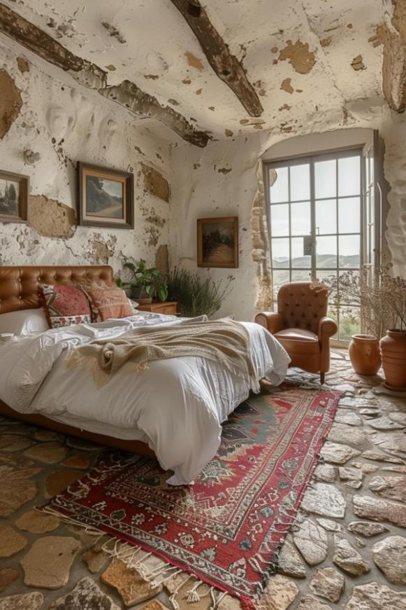 Rustic bedroom with stone walls and floor, wooden beams, large bed, leather armchair, framed paintings and a window with a view. Decorative carpets and plants provide warmth.