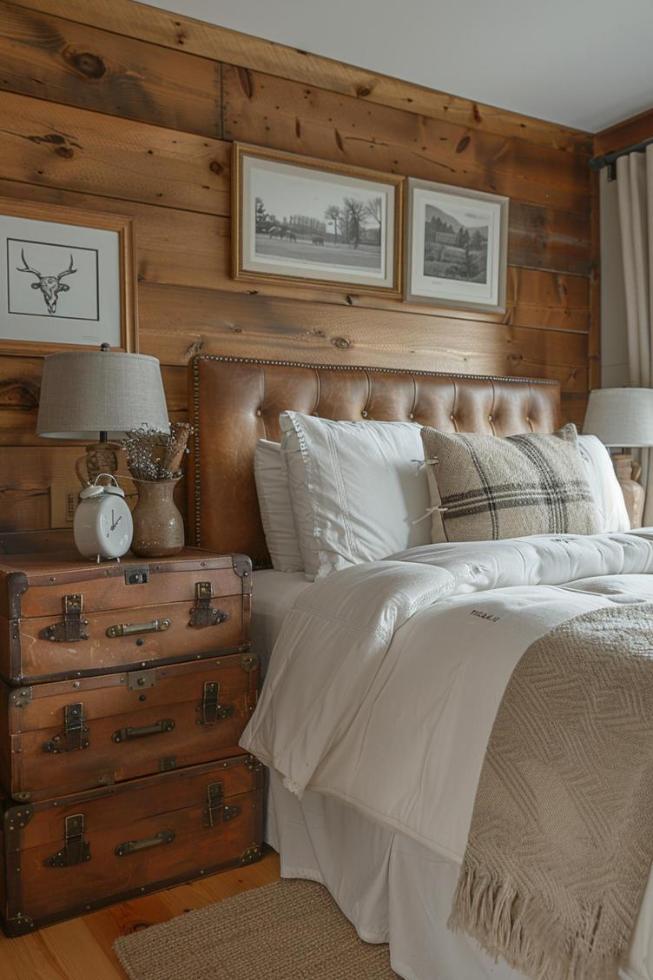 Cozy bedroom with a leather bed with headboard, white linens and a wooden nightstand with two lamps, decorative suitcases and framed wall art on a wood-paneled wall.