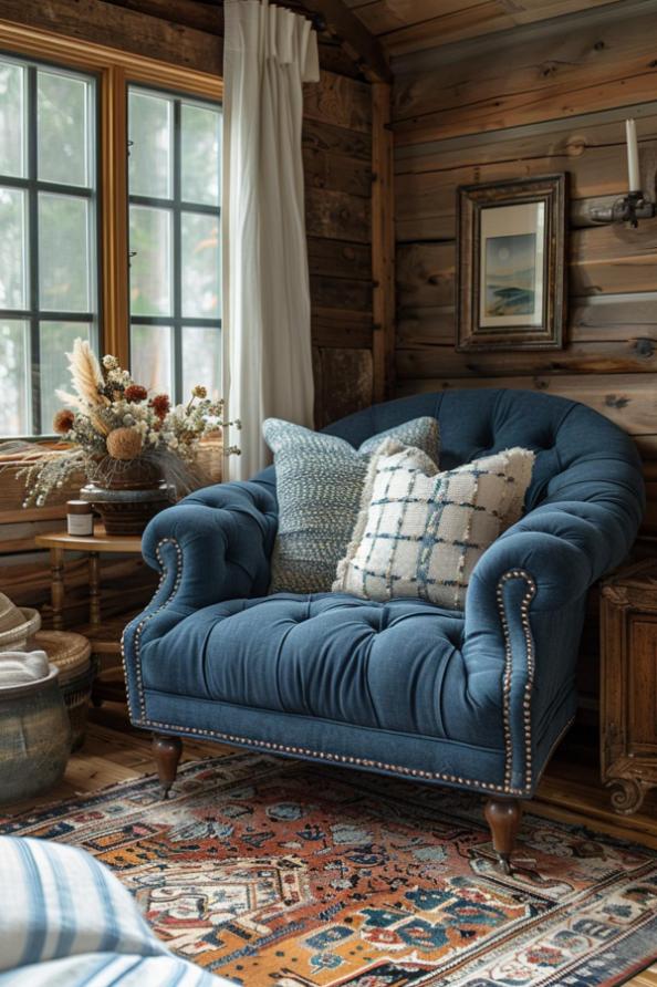 A cozy room with a blue upholstered armchair and patterned pillows. A window, dried flowers and a framed picture decorate the wood-paneled wall. A patterned carpet covers the floor.