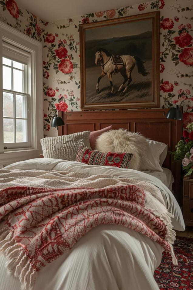 Cozy bedroom with floral wallpaper, a painting of a horse above the bed and layered blankets.