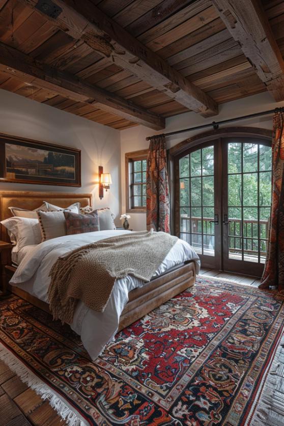 Rustic bedroom with wooden ceiling and beams, large bed, decorative rug, framed artwork and two arched windows with patterned curtains overlooking greenery.