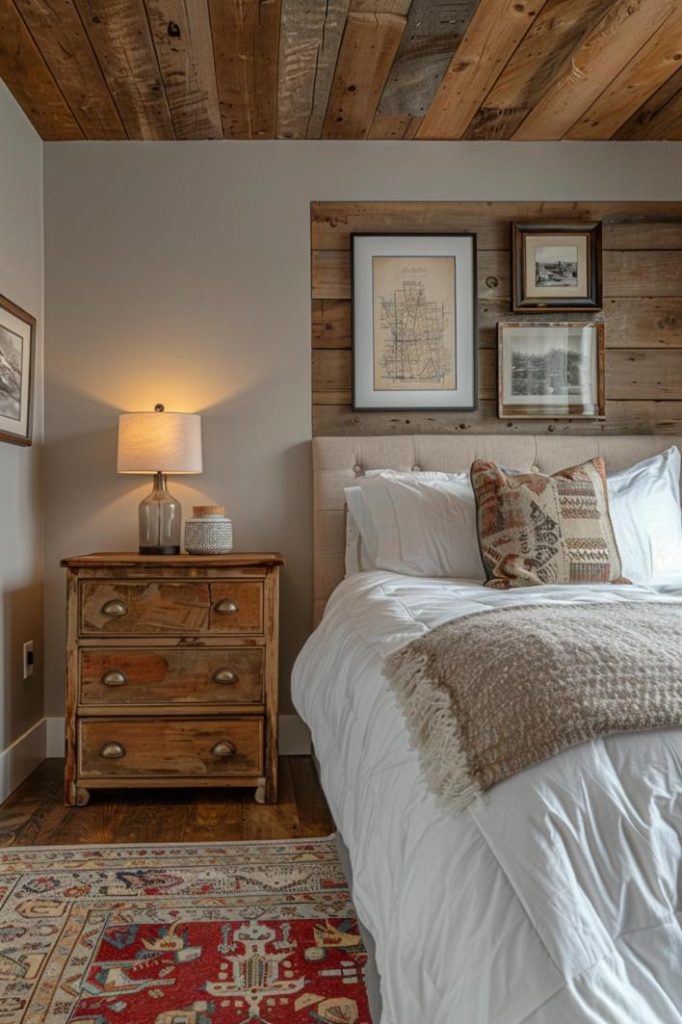 Bedroom with rustic wooden headboard and ceiling. A wooden bedside table with a lamp and framed pictures hangs on the wall. There is a patterned carpet on the wooden floor in front of the bed.