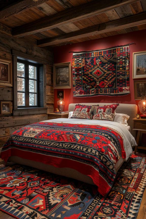 A rustic bedroom features a bed with colorful patterned textiles, wooden walls, framed artwork and dim lighting from table lamps. A window is partially visible on the left.