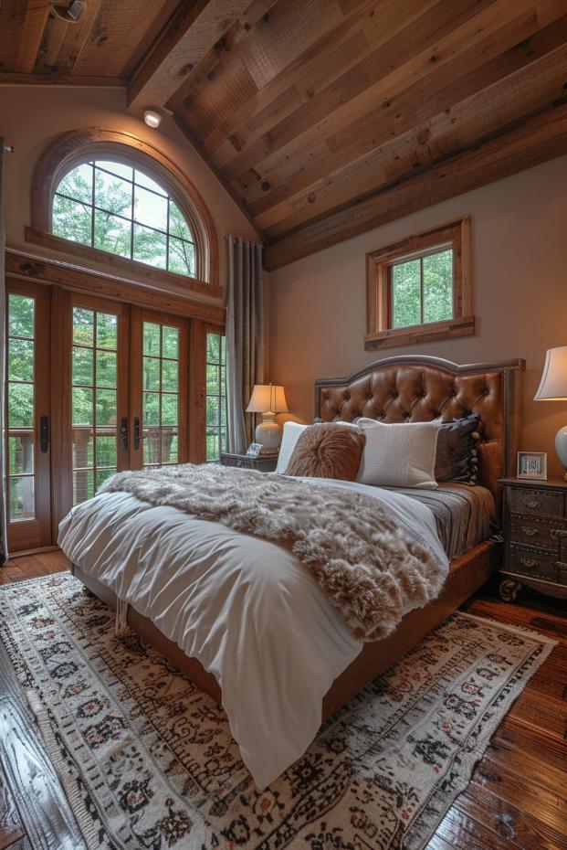 Cozy bedroom with wooden ceiling, large arched window and bed with furry blanket. Warm lighting and a patterned carpet complete the rustic decor.