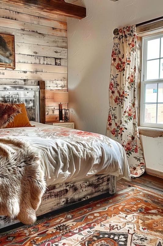 A cozy bedroom with a rustic wooden accent wall, floral curtains and a patterned rug. The bed features a fur throw and decorative pillows. Sunlight comes through the window.