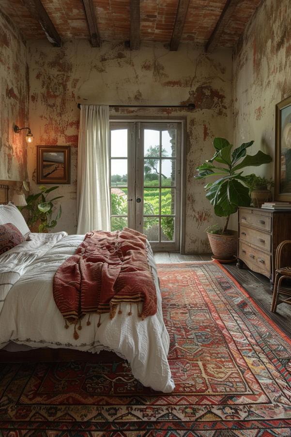 Cozy rustic bedroom with patterned carpet, beamed ceilings, double doors, large potted plant, chest of drawers and textured walls.