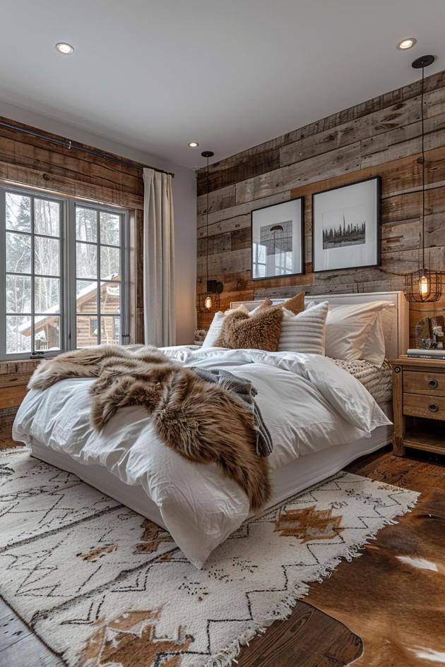 Rustic bedroom with large bed, white linens, fur throw and wooden accent wall. Two framed pictures hang above the bed. To the left is a window with snow outside. Carpet and bedside tables included.