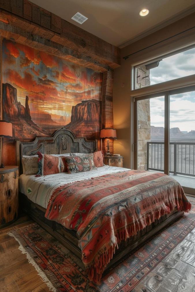 Southwest-style bedroom with large landscape rug behind bed, red patterned bedspread, wooden furniture and outdoor view through sliding glass door.