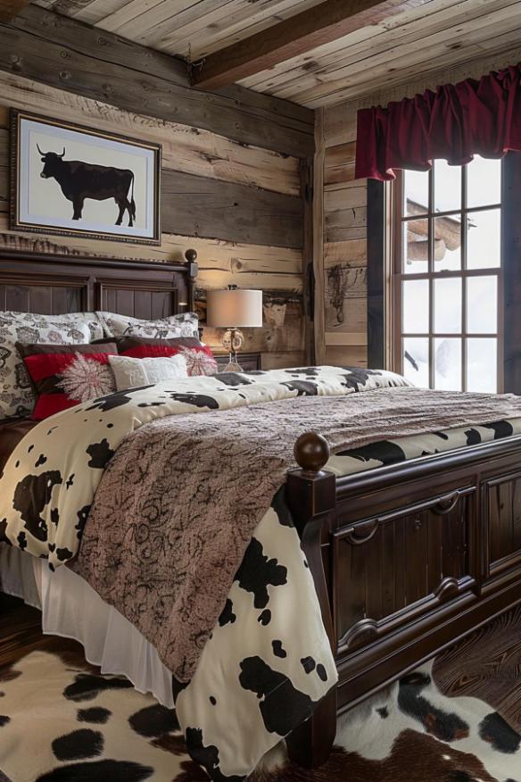 Rustic bedroom with wooden walls, a cowhide patterned bedspread, a framed cow silhouette and a large window with red curtains.