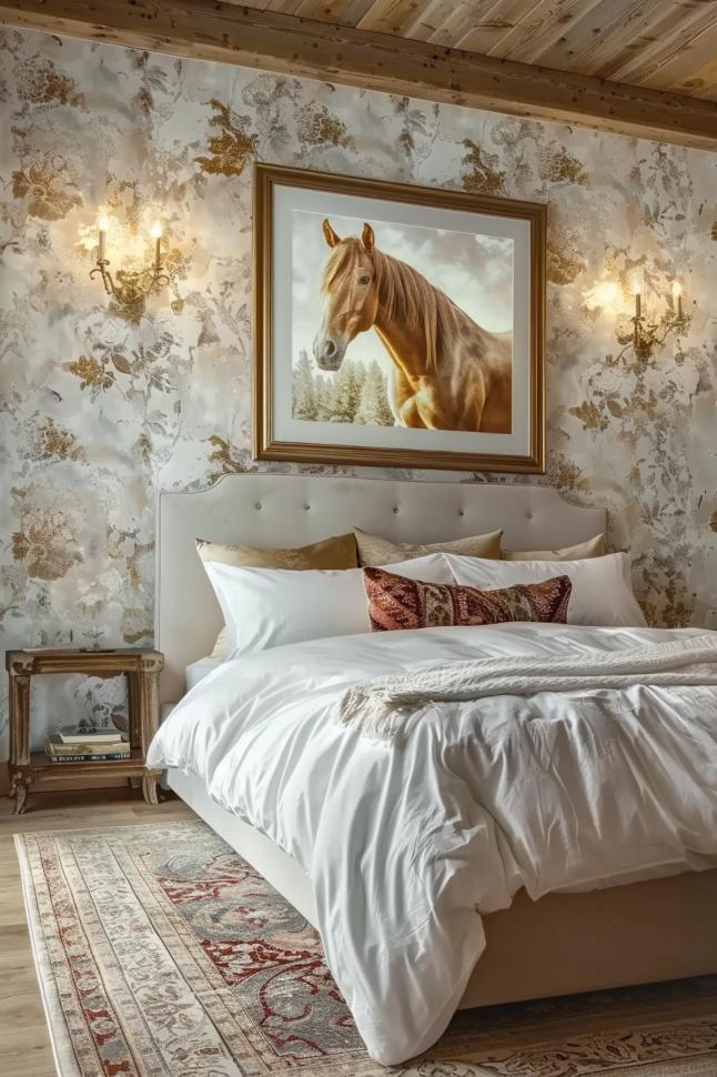 Bedroom with white bed, floral wallpaper and a painting of a horse above the headboard. Two wall lights provide light and a carpet covers part of the wooden floor.