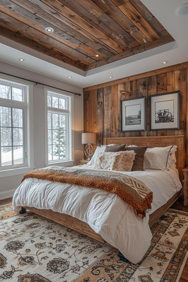 A cozy bedroom with wooden accents on the walls and ceiling, a bed with white and brown linens and large windows overlooking a snowy landscape. Two framed pictures hang above the bed.