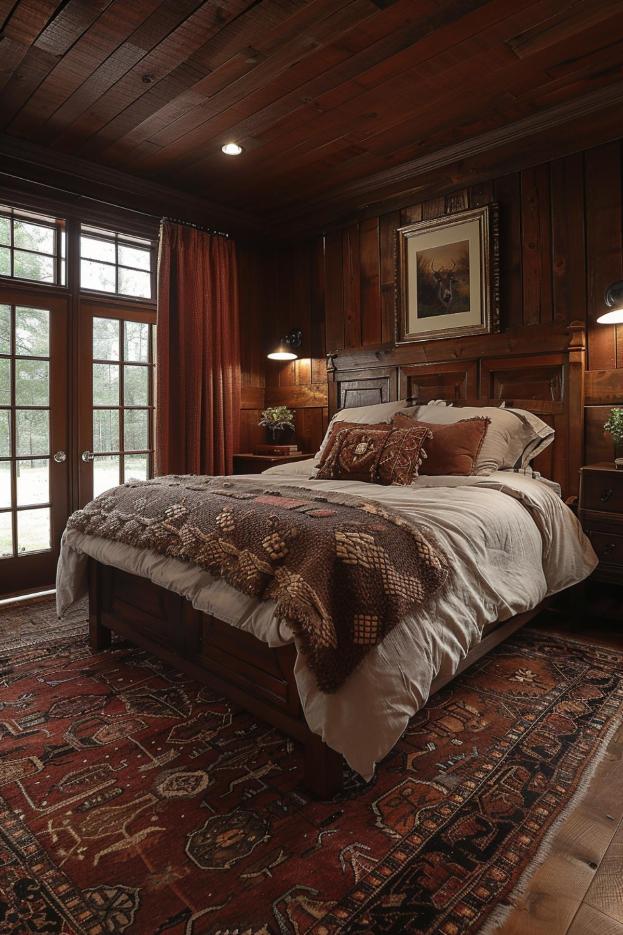 A rustic bedroom with wooden walls, a bed with a patterned blanket, decorative pillows, reading lamps and a large rug. A framed picture hangs above the bed, and a window shows the greenery outside.