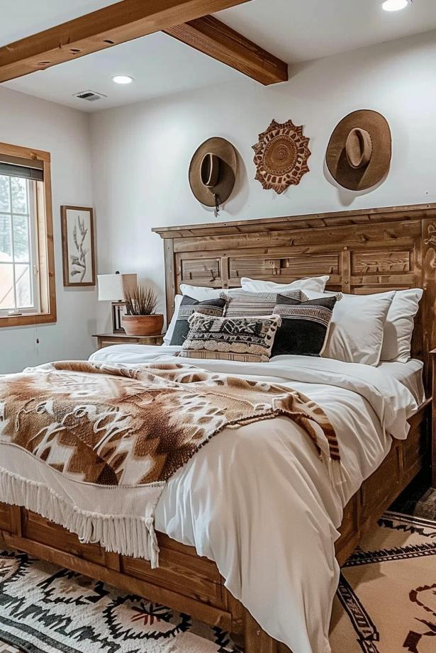 Cozy bedroom with wooden bed, white and patterned bedding, decorative pillows, two hats on the wall and a window. Earthy decor and warm tones create a rustic atmosphere.