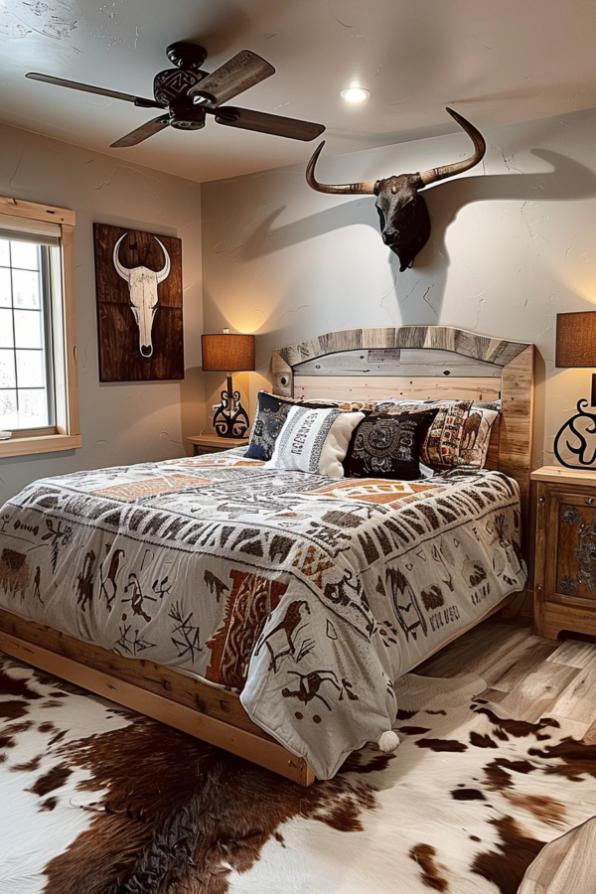 A rustic bedroom features a bed with patterned linens, a bull skull above the headboard, western-style decor, a wooden nightstand, a ceiling fan, and a cowhide rug on the floor.